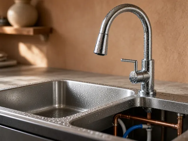 Llave de cocina con tubería de cobre debajo del fregadero